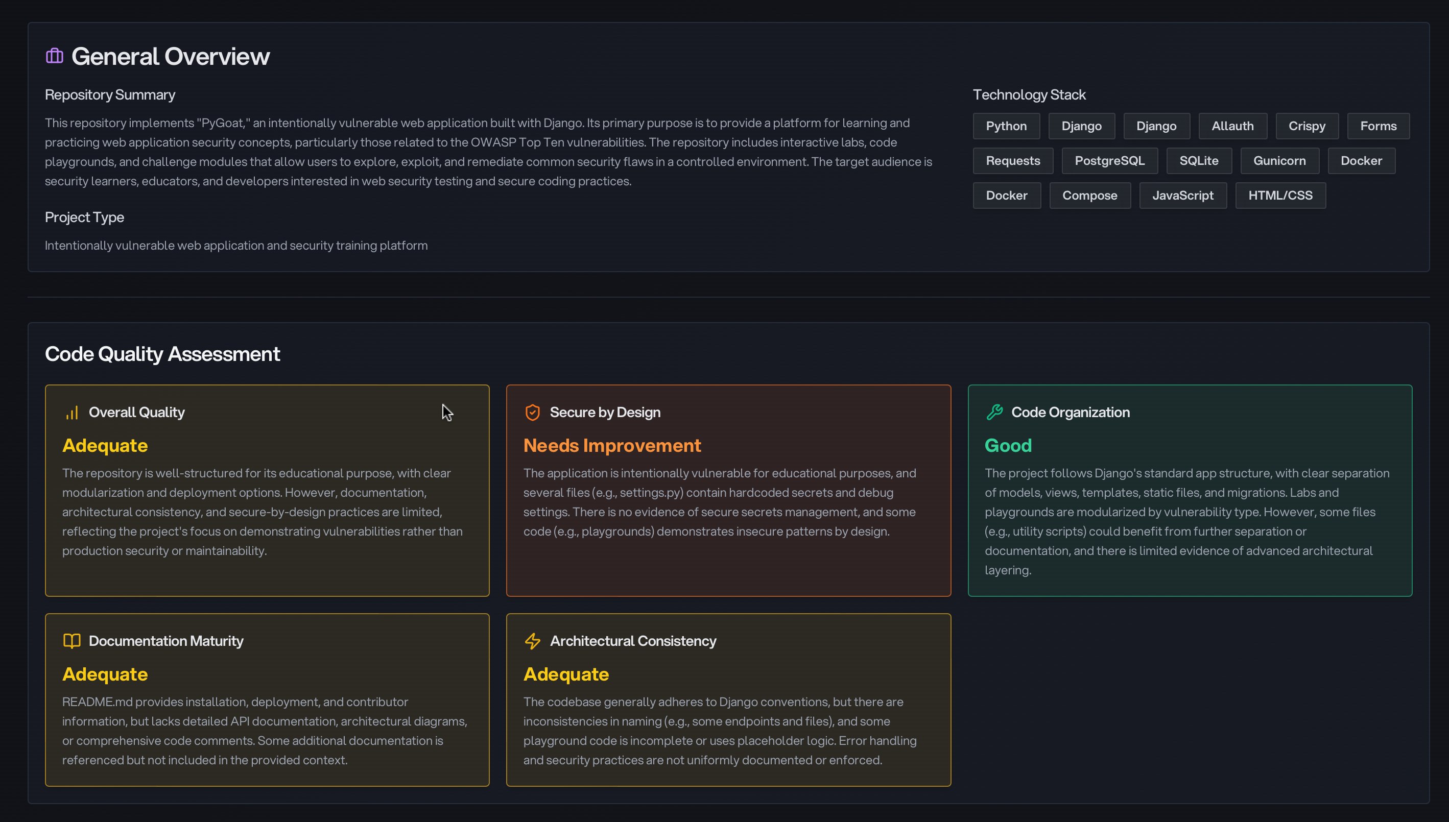 Security Quality Assessment Dashboard